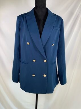 Dokotoo Blue Double Breasted Blazer Gold Button Jacket Women M NWT